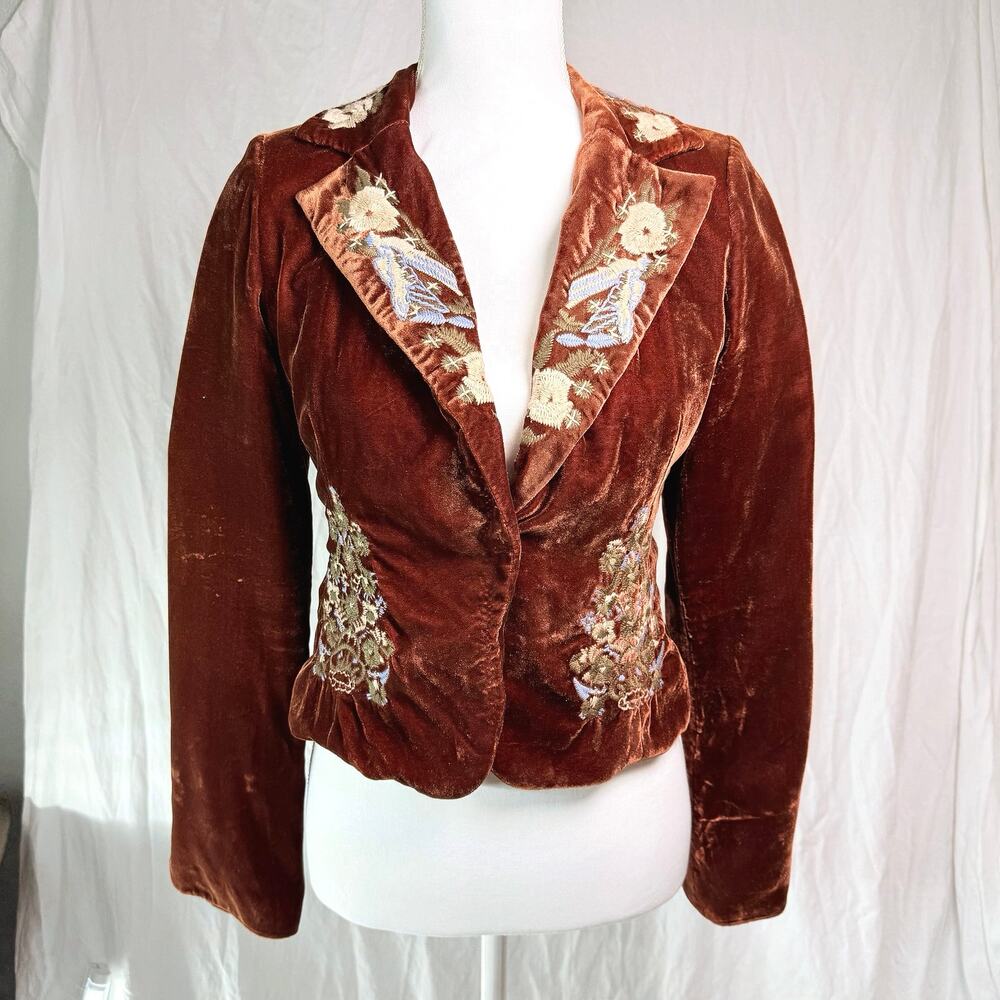 Vintage Y2K Embroidered Velvet Blazer Jacket Anthropologie Women’s Sz 2 EUC Boho